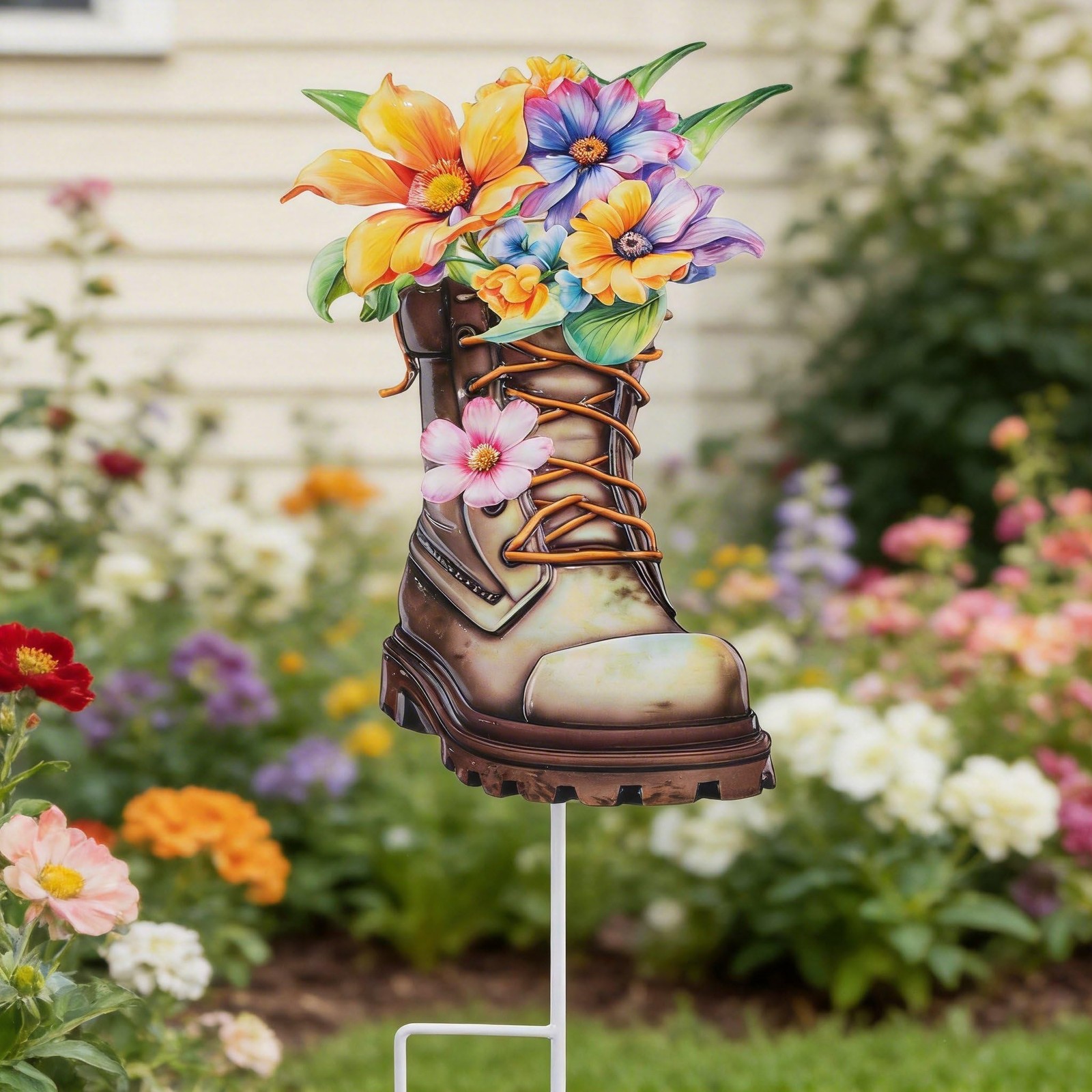 Garden Decor for Outside, 23″ Decorative Garden Stakes Metal Boot with Flower…