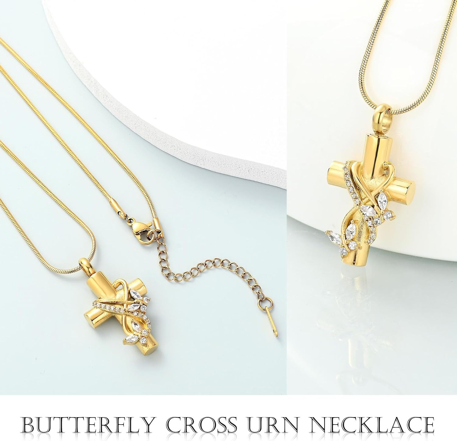 Butterfly Cross Urn Necklace for Ashes Men Women Cremation Jewelry Ashes Pendant