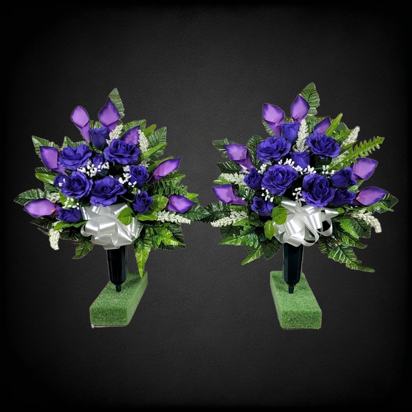 Purple Calla Lily & Rose Cemetery Cone Pair