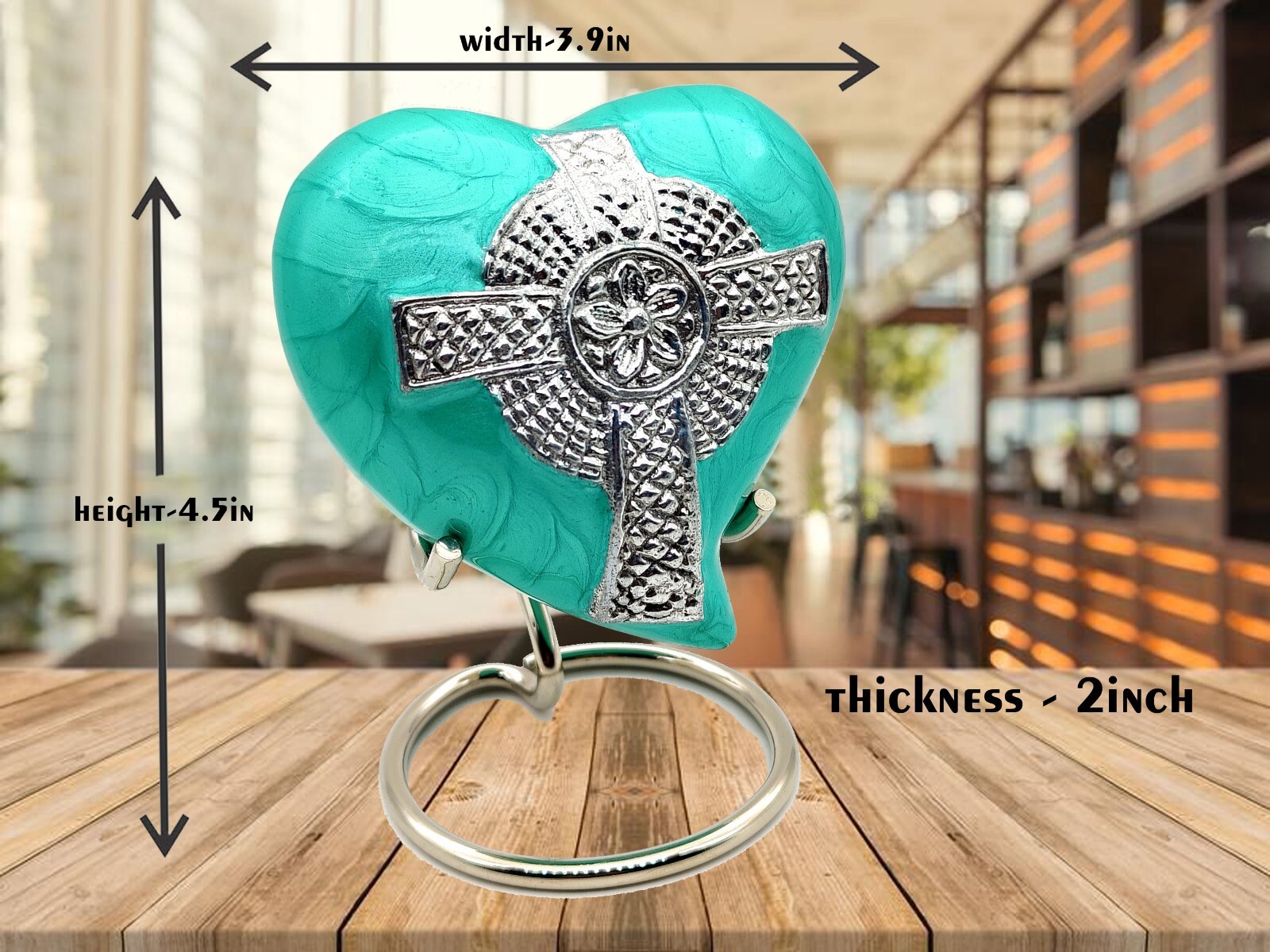 Sea Green Heart Cremation Urn for Human Ashes Adult Decorative Religious Cross..
