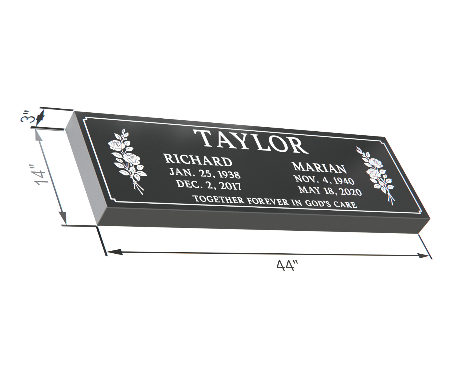 Custom Black Granite Headstone 44x14x3 – Companion Memorial Stone with Flowers