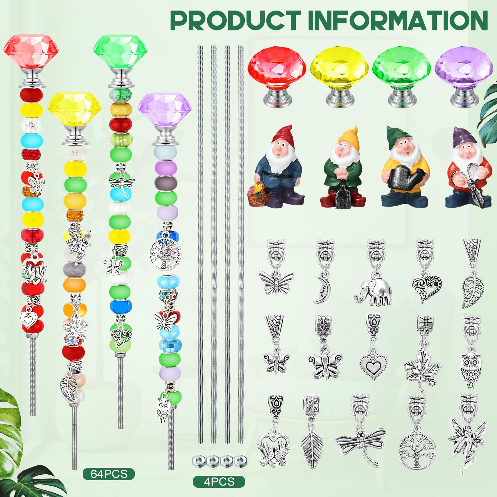 95 Pcs Gnome Garden Stakes Fairy Wand Garden DIY Beaded Stakes Decor 4 Crysta…