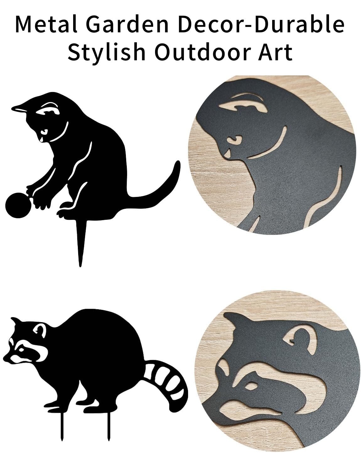 Decorative Metal Animal Garden Stakes Cat & Raccoon Yard Art Set of 2