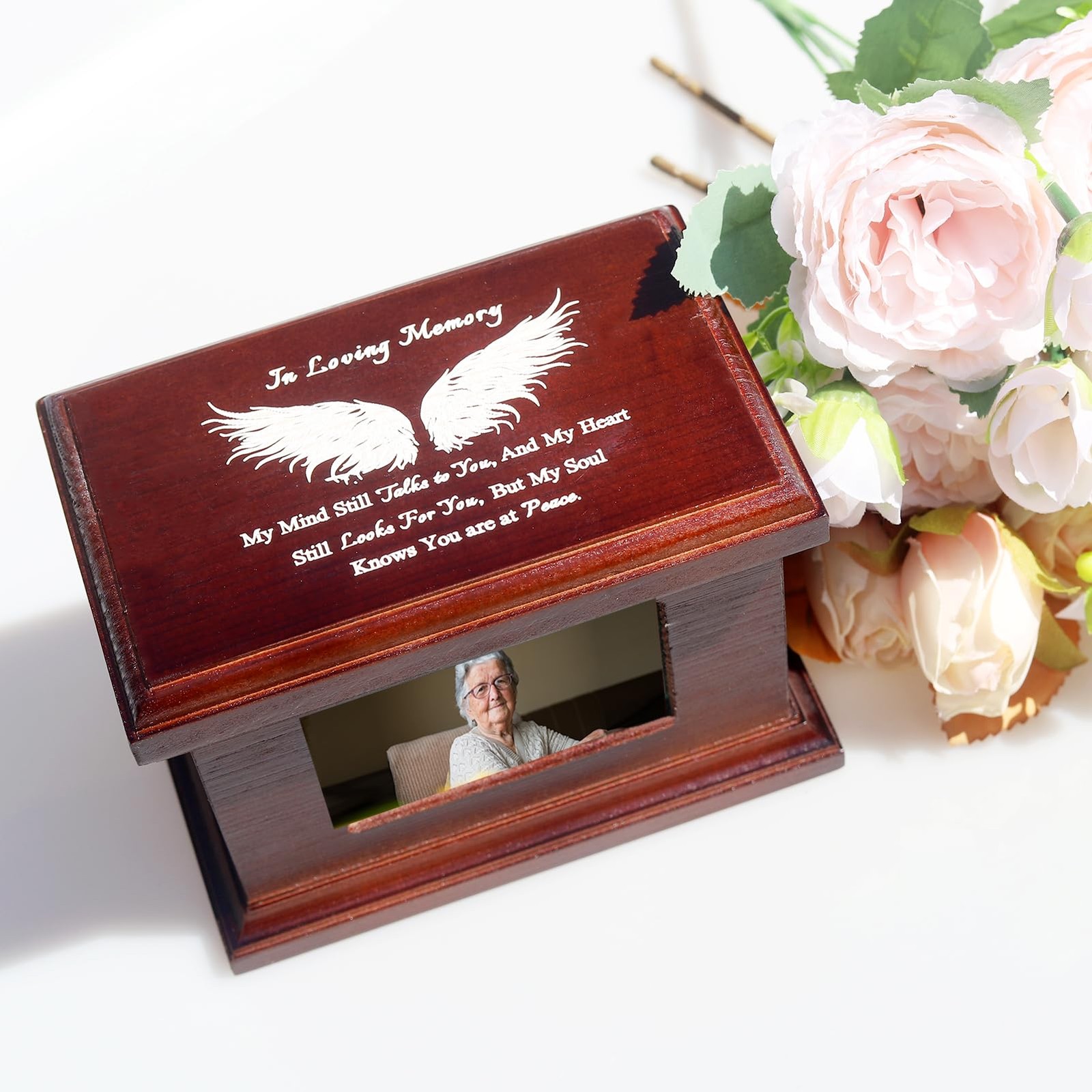 Wooden Memorial Urn 5.5 Inch with 2×3 Photo Frame – Keepsake for Human Ashes