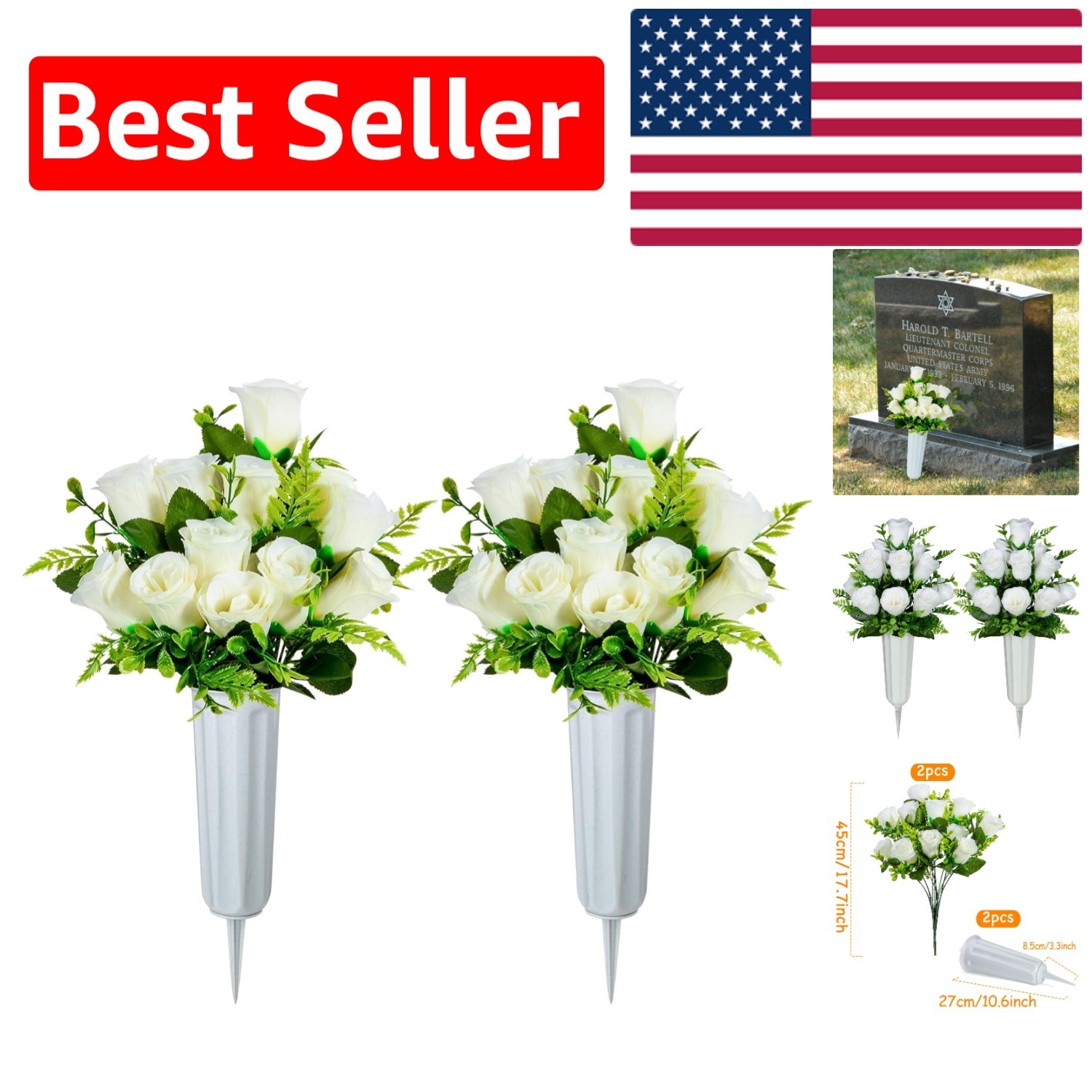 Beautiful White Rose Artificial Grave Flowers Set with Sturdy Vases – Set of 2