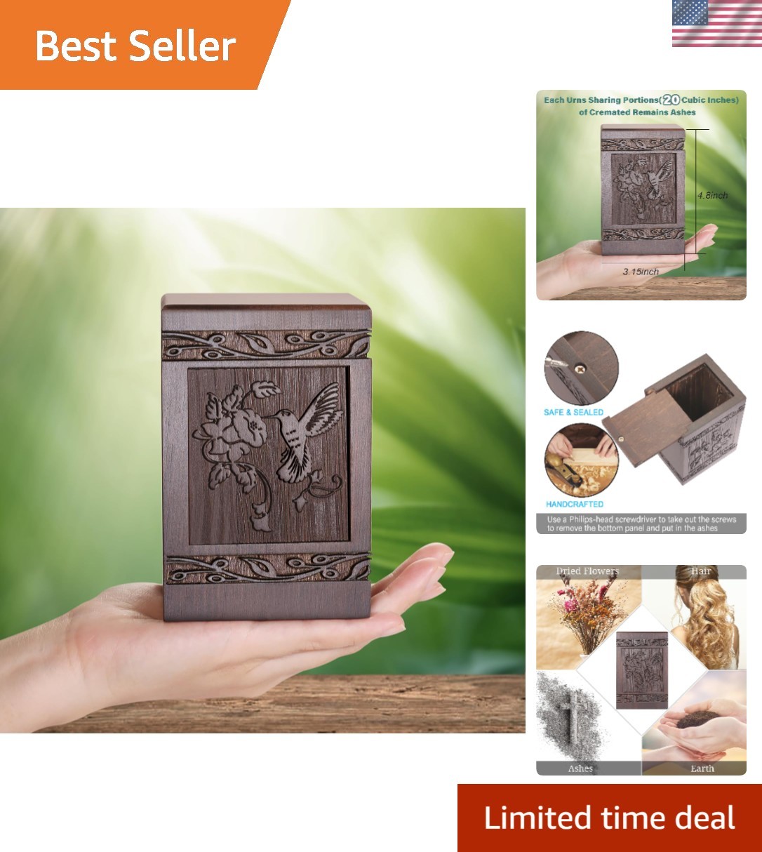 Handcrafted Wooden Cremation Urn for Ashes – Hummingbird Design, 20 Cubic Inches