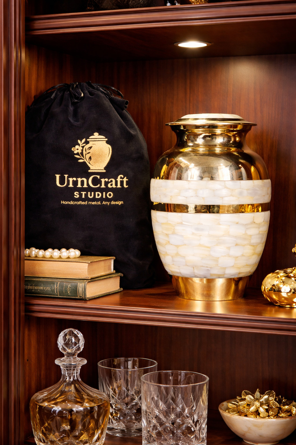 Mother of Pearl Cremation Urn – Brass Seashell Inlay with Velvet Bag