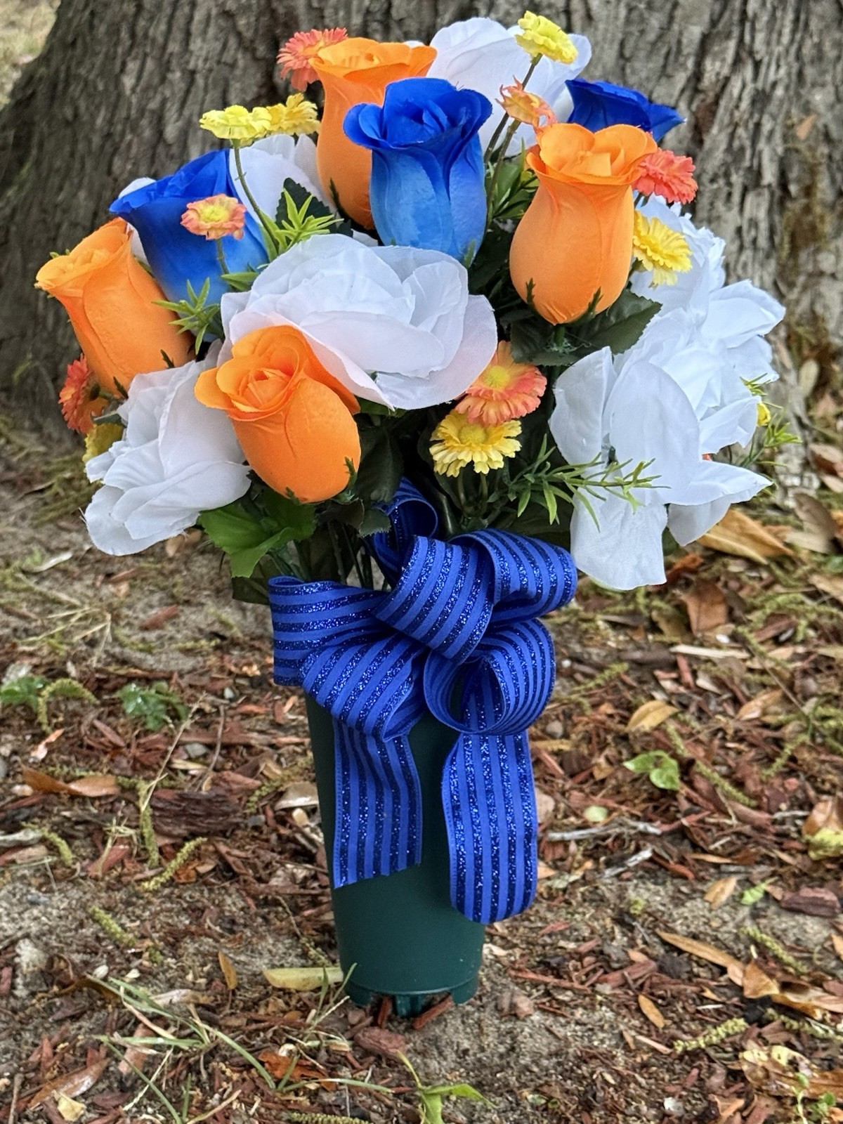 Cemetery Vase Memorial Silk Flower Arrangement Blue, White & Orange