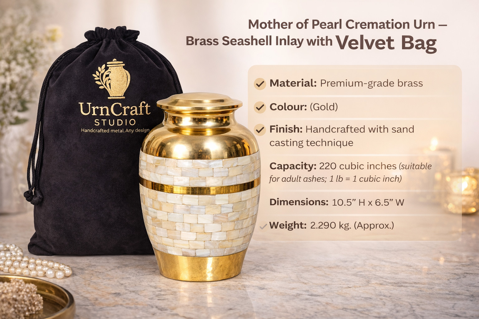 Mother of Pearl Cremation Urn – Brass Seashell Inlay with Velvet Bag