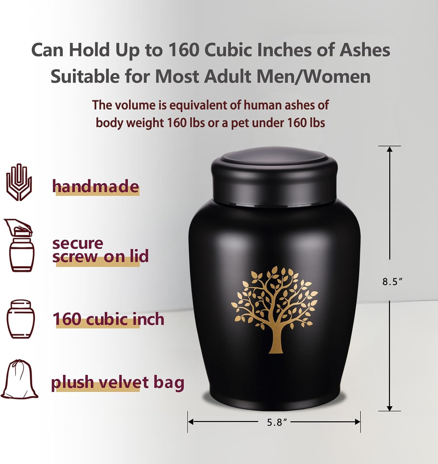 Large Black Urns for Ashes for Women Men,Tree of Life Cremation Metal Urn for Hu