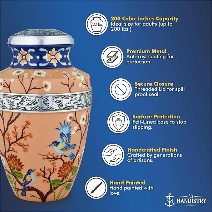 Adult Cremation Memorial Urn for Human Ashes Peach & Blue w/ Birds Floral Design