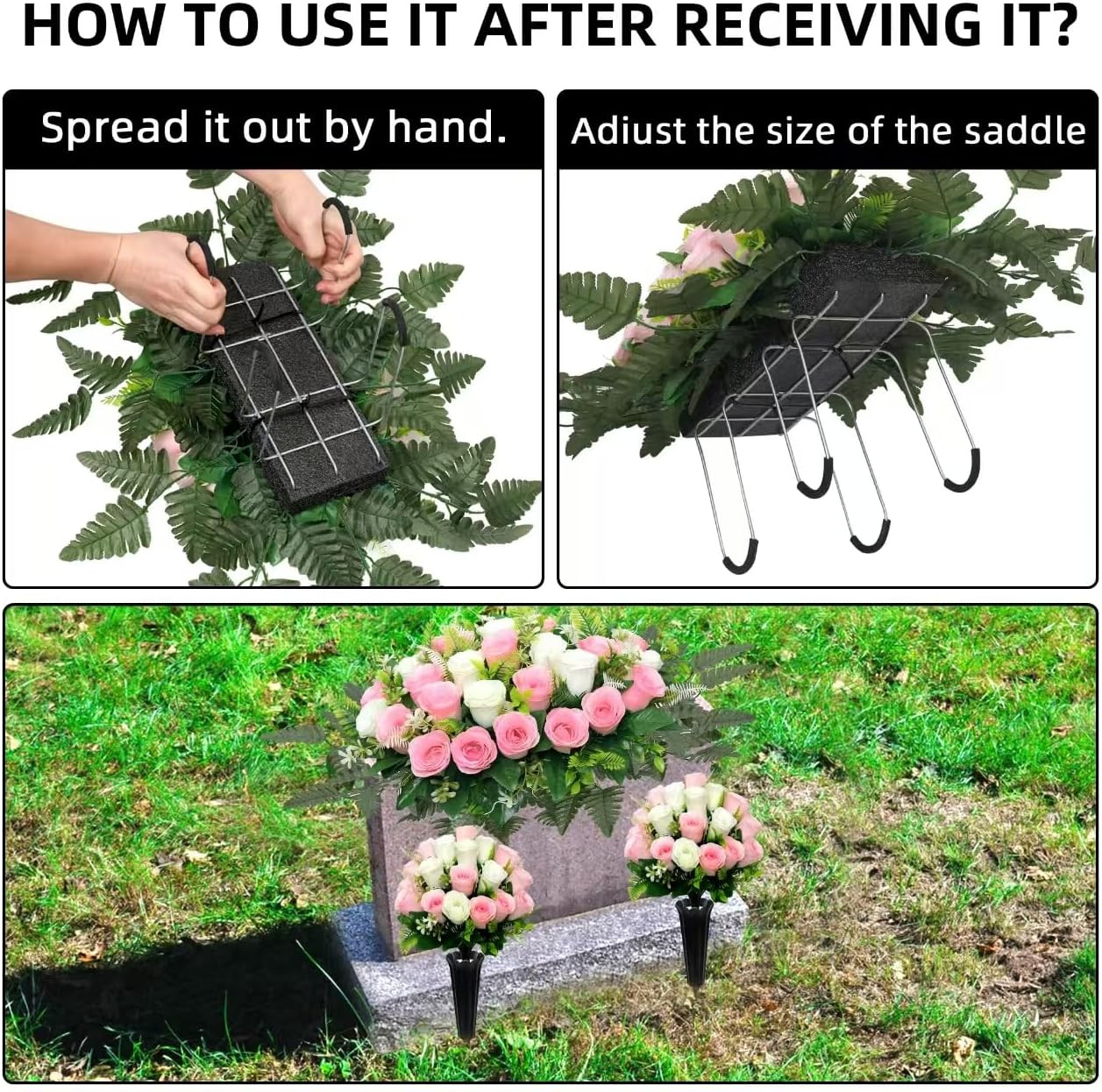 Realistic Large Cemetery Flowers for Grave – 3Pcs Pink White Headstone Decor