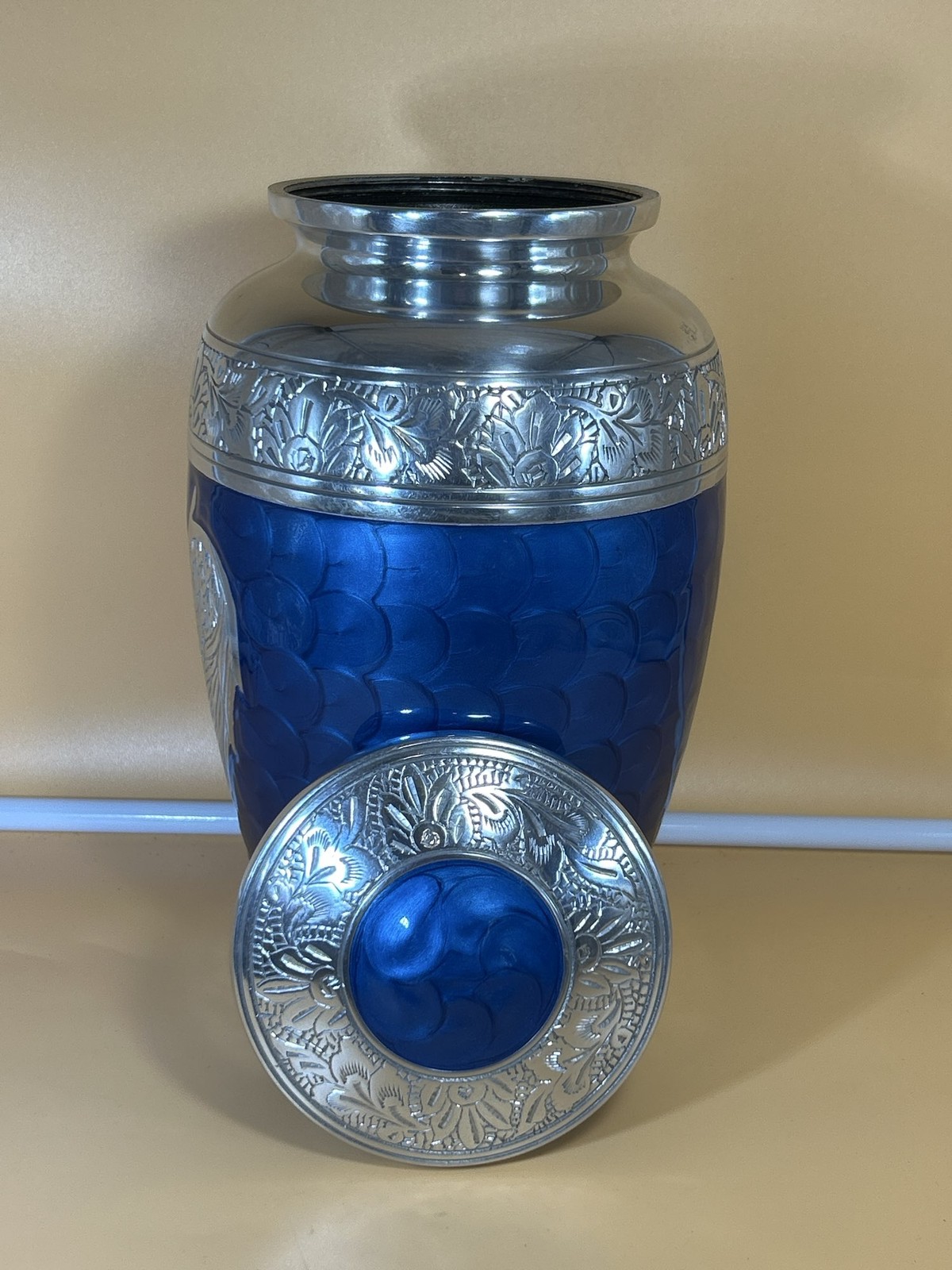 Beautiful Blue and Silver Angel Wings Cremation Urn Adult Memorial.