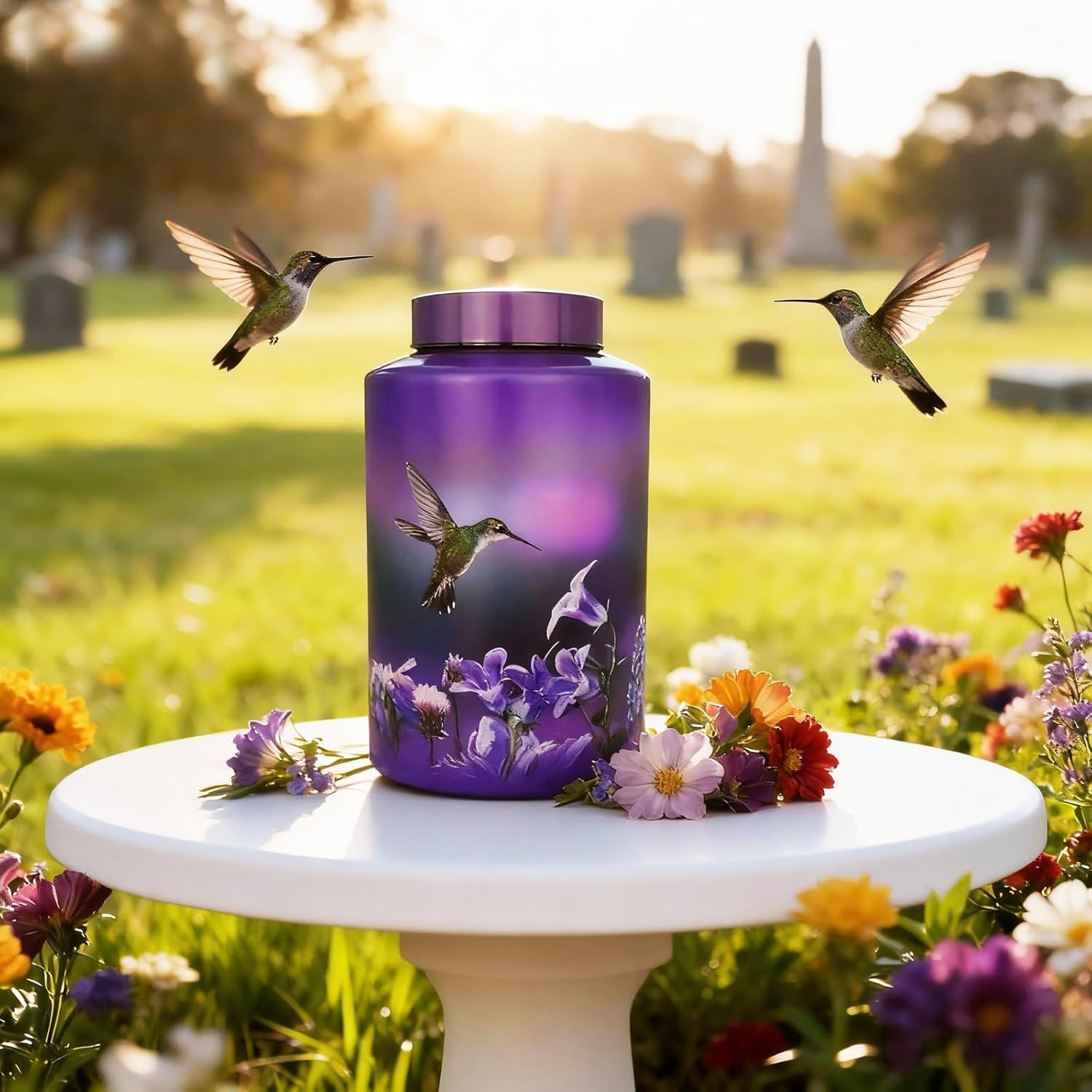 Purple Metal Cremation Urn for Adult Human Ashes Large 220 lbs Hummingbird