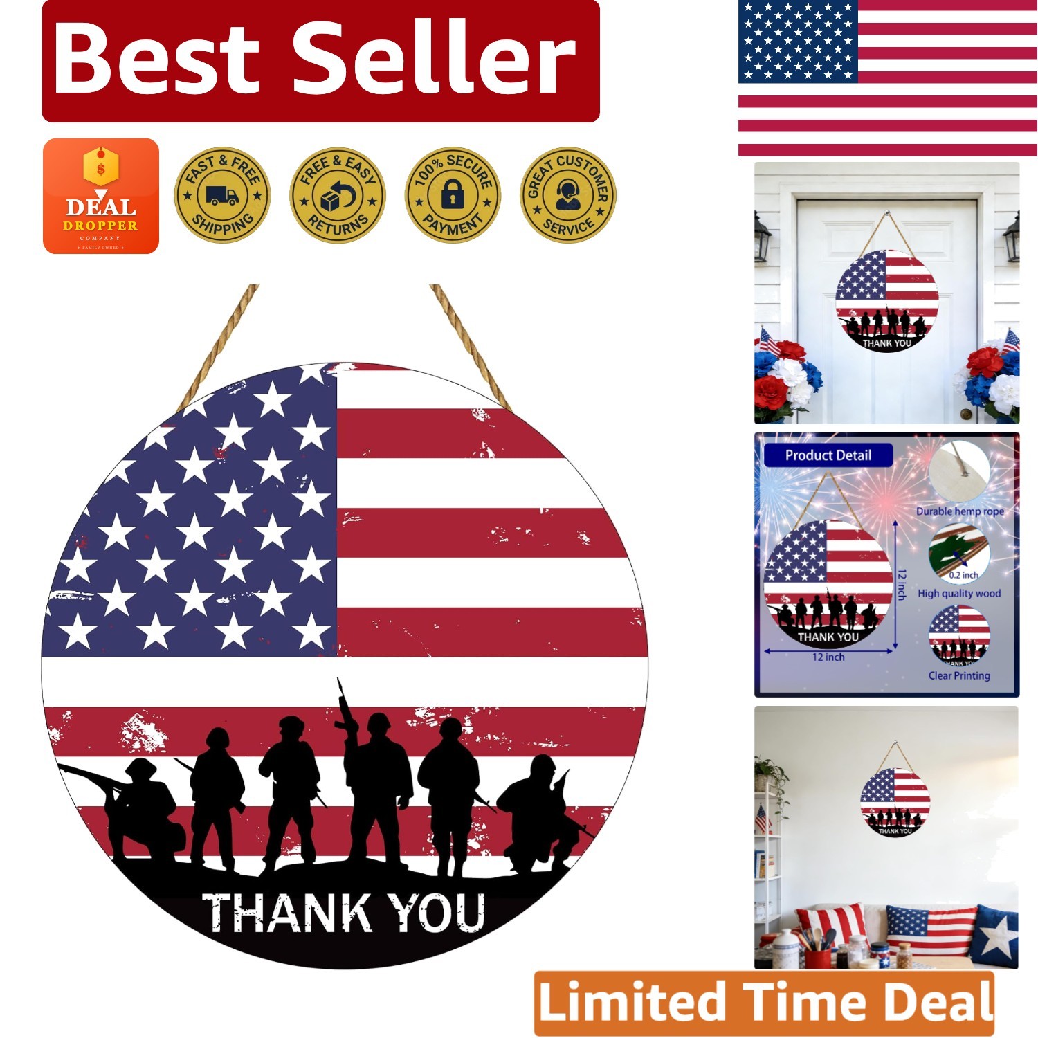 Patriotic Memorial Day Wooden Wreath – 12-Inch ‘Thank You’ Hanging Sign