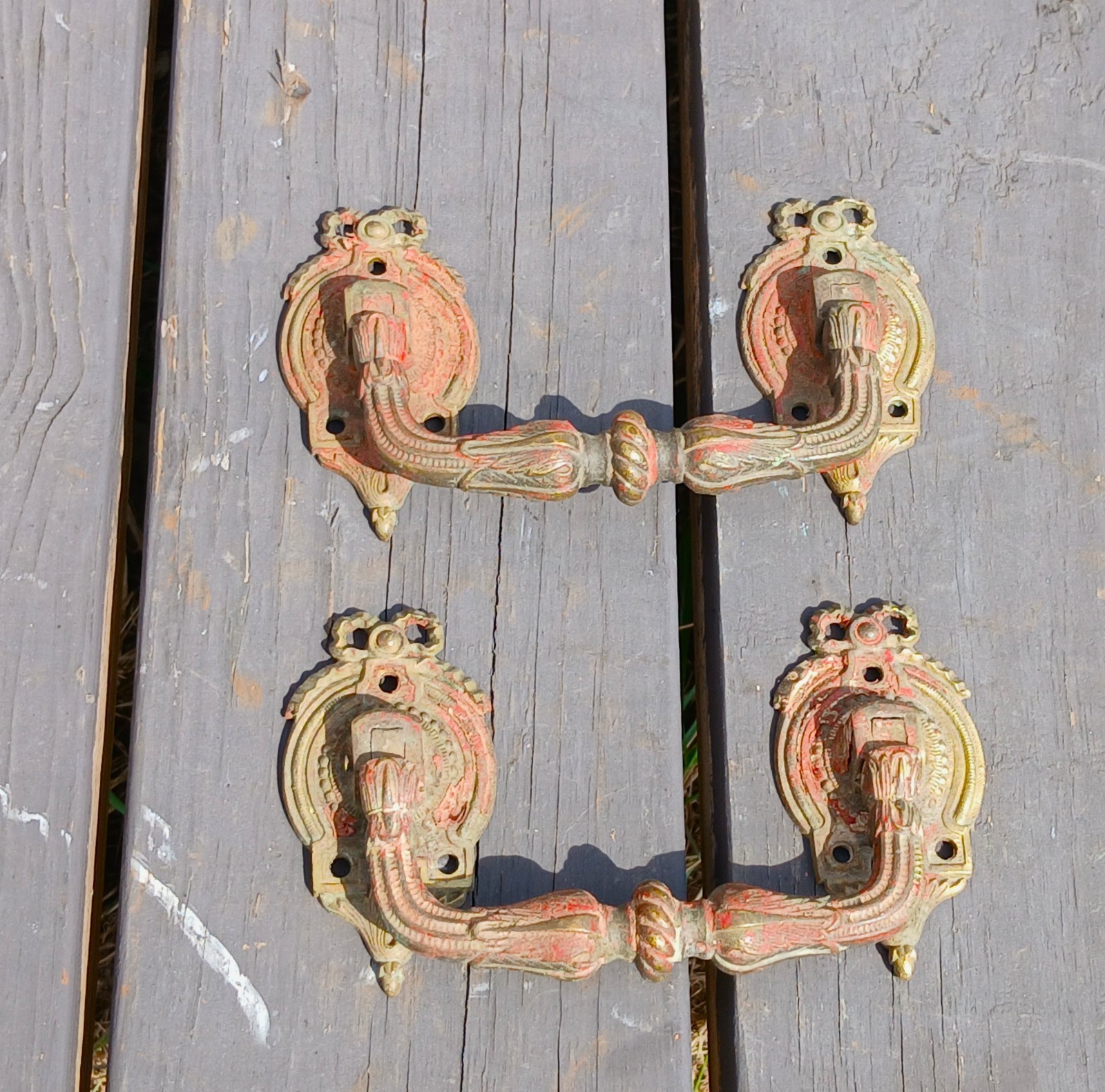 Antique Pair Heavy Cast Brass Hearse or Casket Backplates with Bail Handles 1880