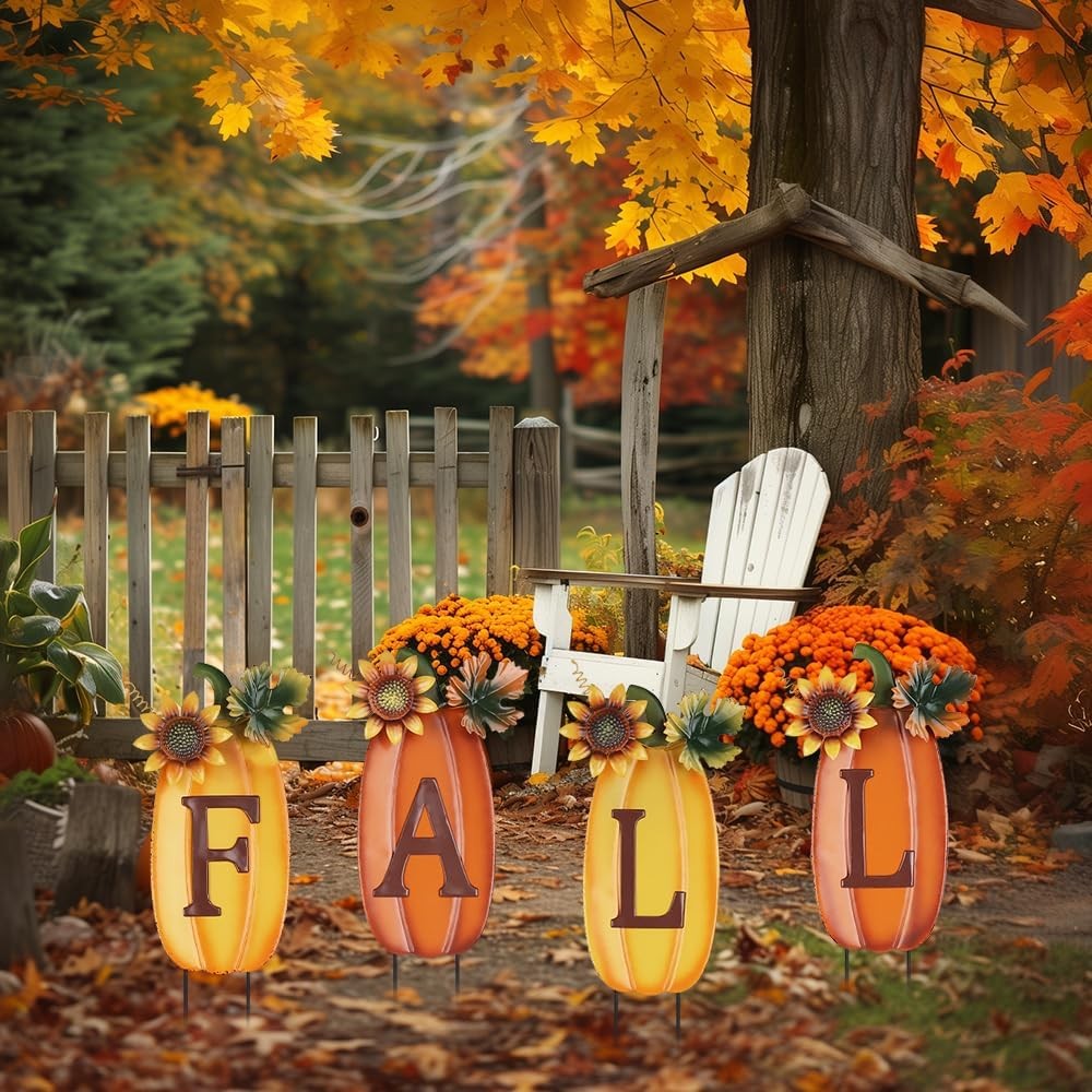 Outdoor Fall Thanksgiving Decorations for Home, 4 PCS Metal Pumpkin Decorativ…