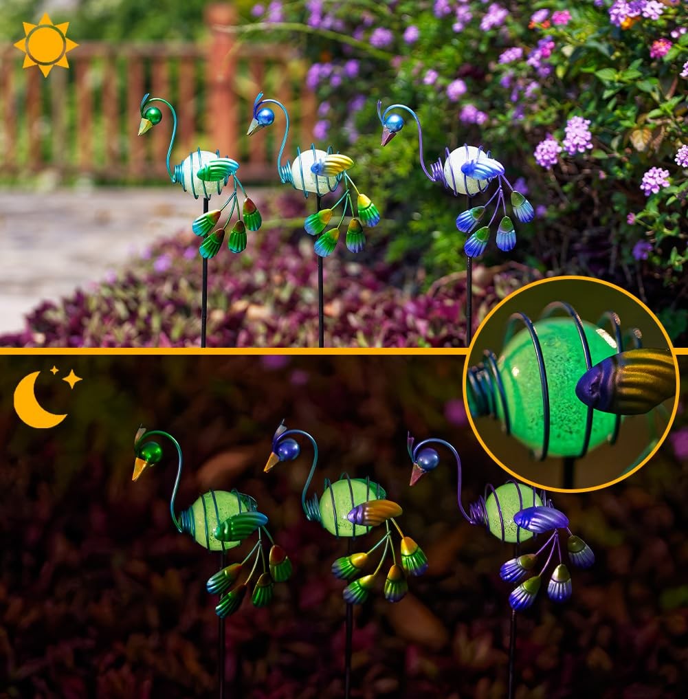 Glow in the Dark Garden Stakes 3 Pack Luminous Peacock Yard Art Decor