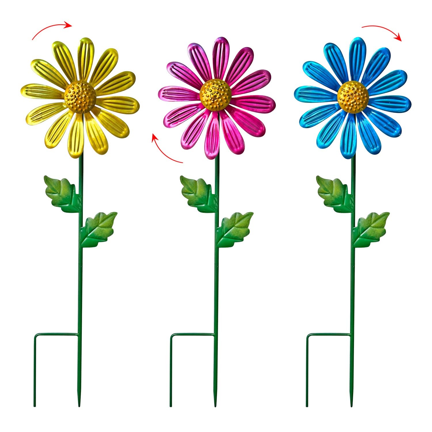 Metal Daisy Garden Stakes Set of 3 Wind Catcher Spinner Windmill Decor