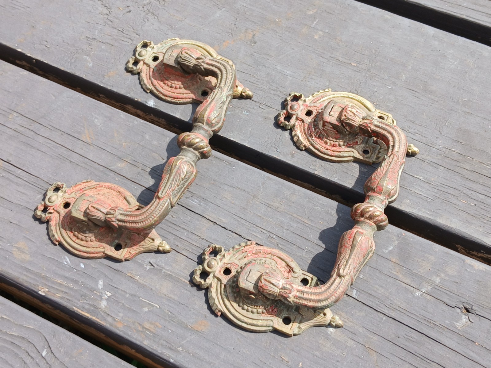 Antique Pair Heavy Cast Brass Hearse or Casket Backplates with Bail Handles 1880