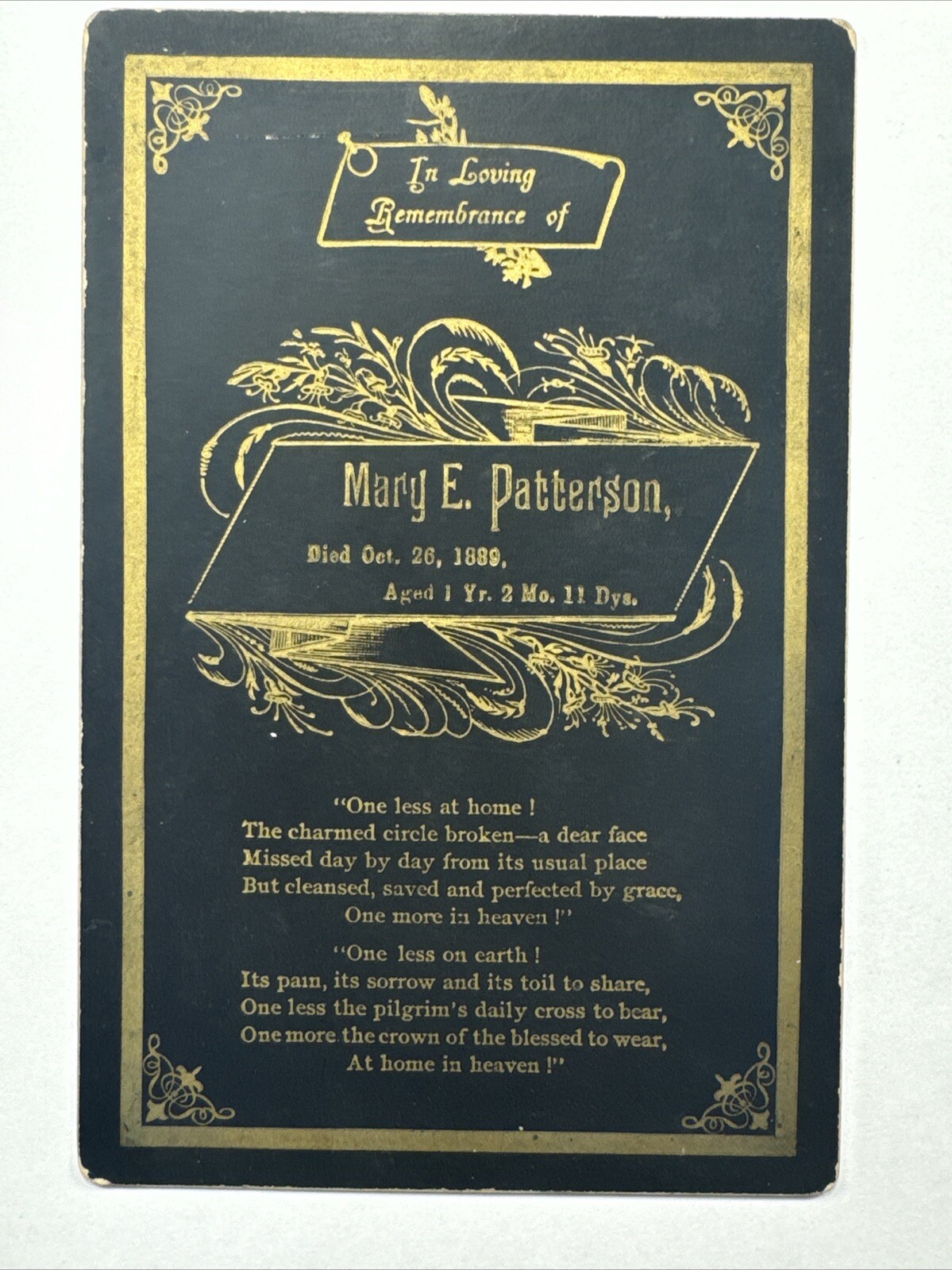 1889 Springfield, Ohio Funeral Card Mary E. Patterson ONE YEAR OLD