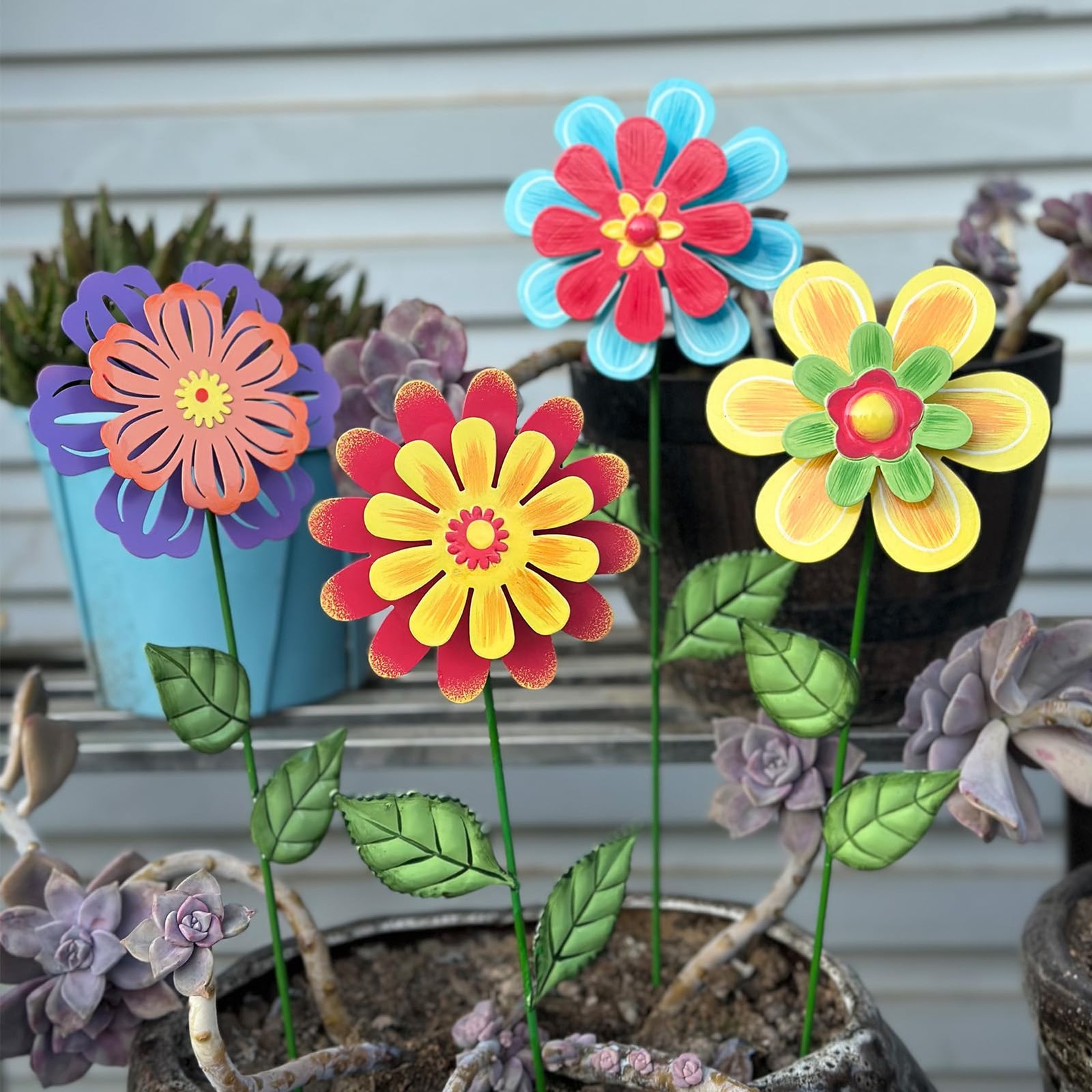 Metal Flowers for Outside,4 Pack 16.33″ Decorative Garden Stakes with Swaying…