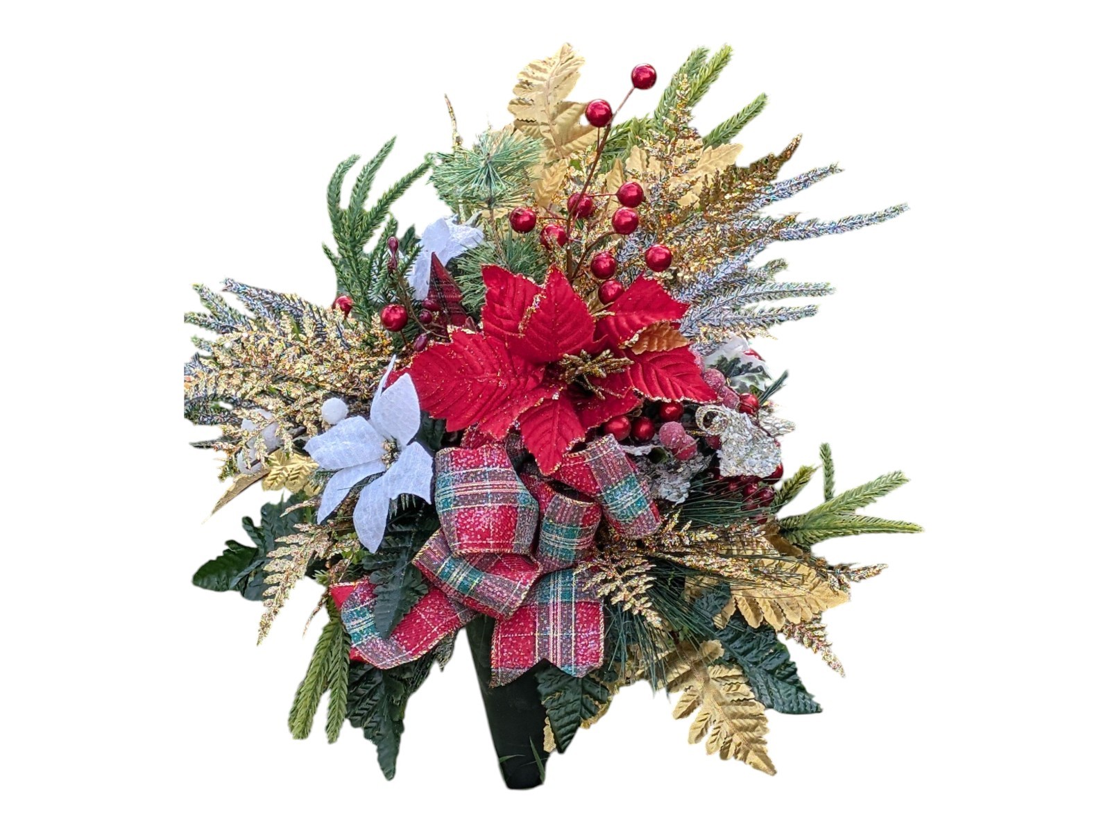 Christmas Red Poinsettias Plaid Bow For Grave Vase Cone- Winter cemetery Flower