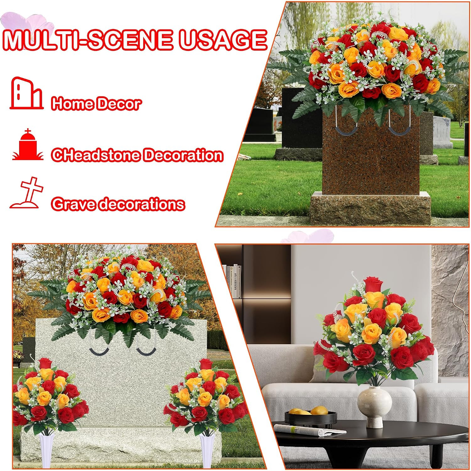 3pcs Headstone Flowers Saddle for Tombstone,Cemetery Flower Memorial Bouquet wit