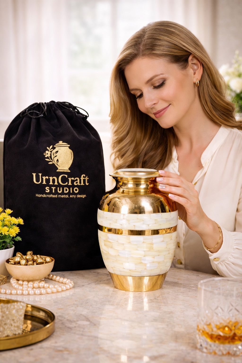Mother of Pearl Cremation Urn – Brass Seashell Inlay with Velvet Bag