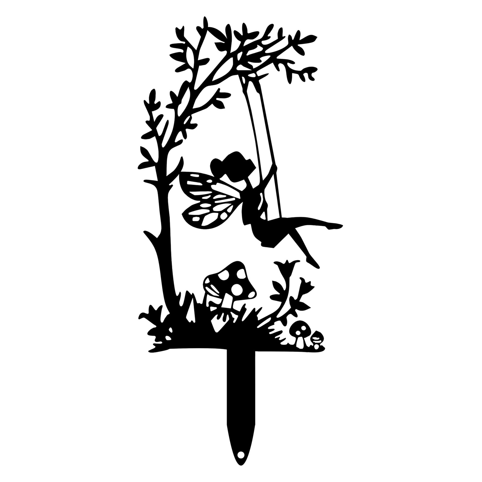 Swing Fairy on Tree Branch Metal Garden Stake – Fairy Silhouette Yard Art wit…