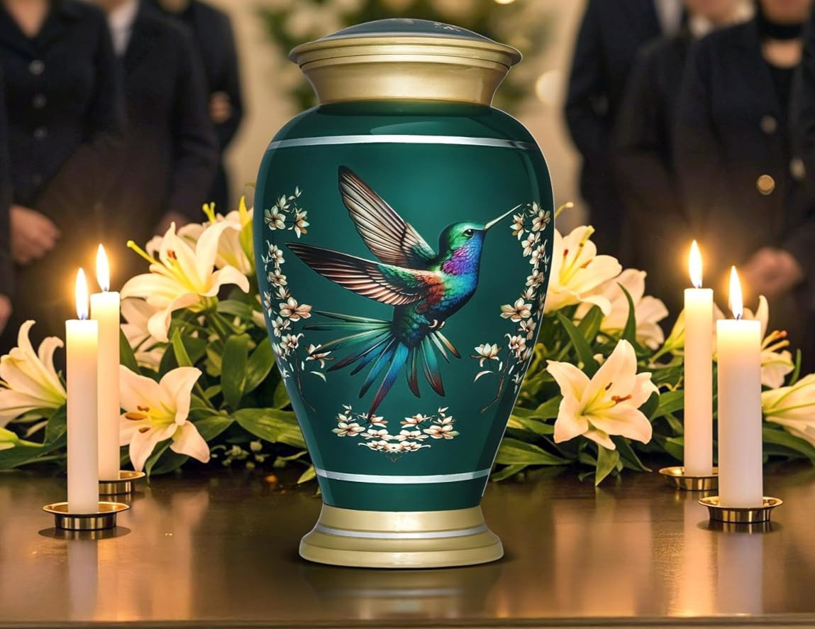 Large Decorative Hummingbird Cremation Urn for Ashes for Women & Men – Green