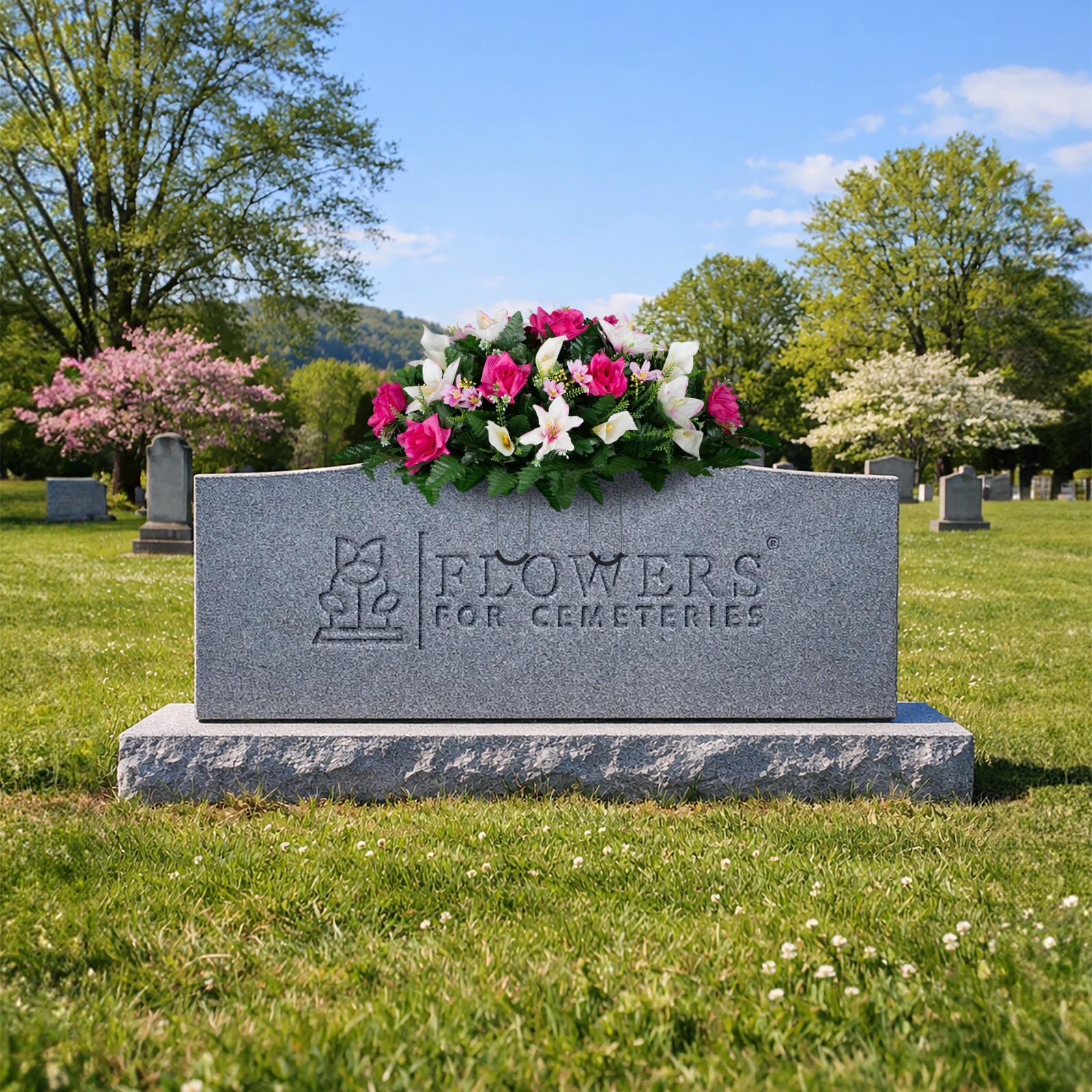 Artificial Headstone Saddle – Beauty Pink Roses, White Calla Lily and Lilies
