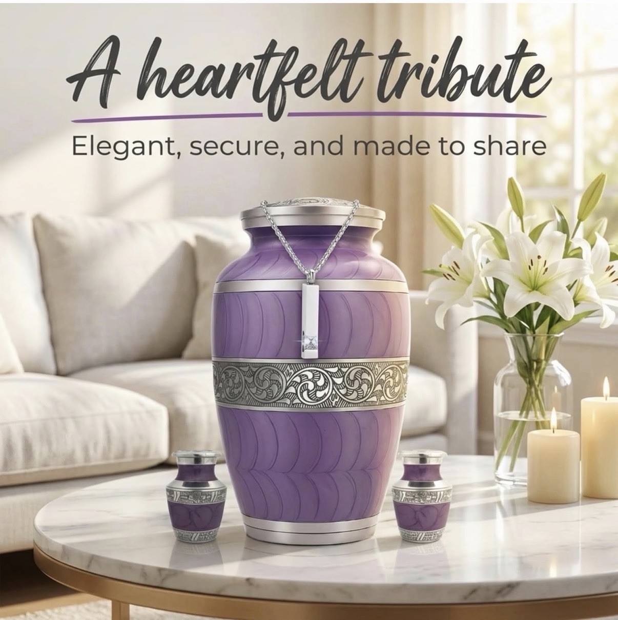 Purple Metal Cremation Urn Set for Adult Ashes with Keepsake and Necklace