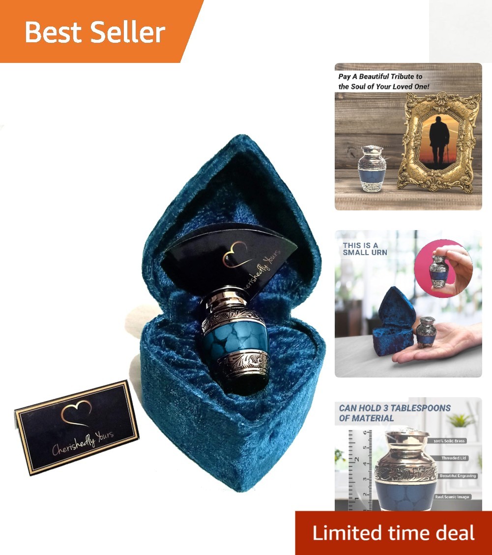 Beautiful Dark Blue Mini Memorial Urn with Velvet Heart Case for Ashes – 3 tbsp