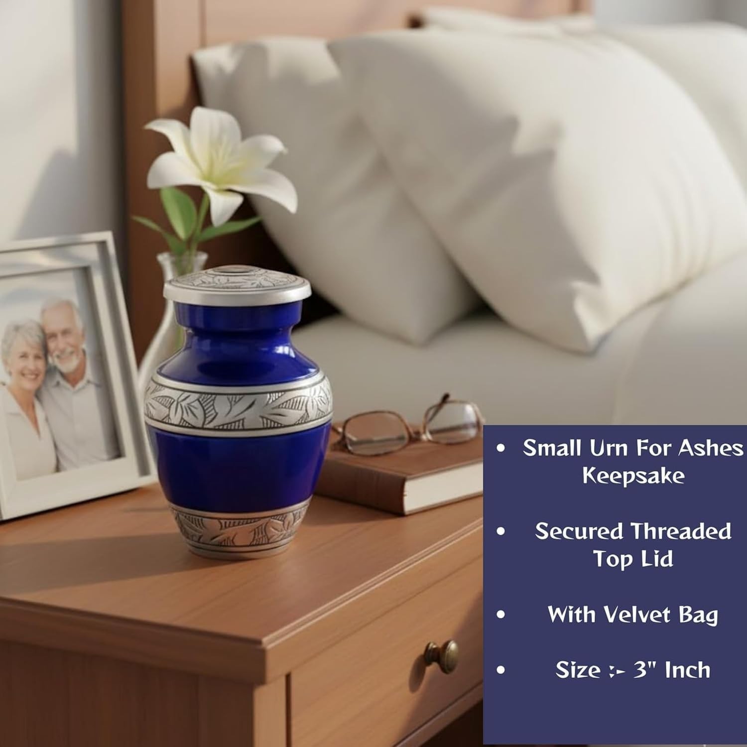 Compact Brass Keepsake Urn with Velvet Bag – Hand Engraved Purple Finish, 3-inch