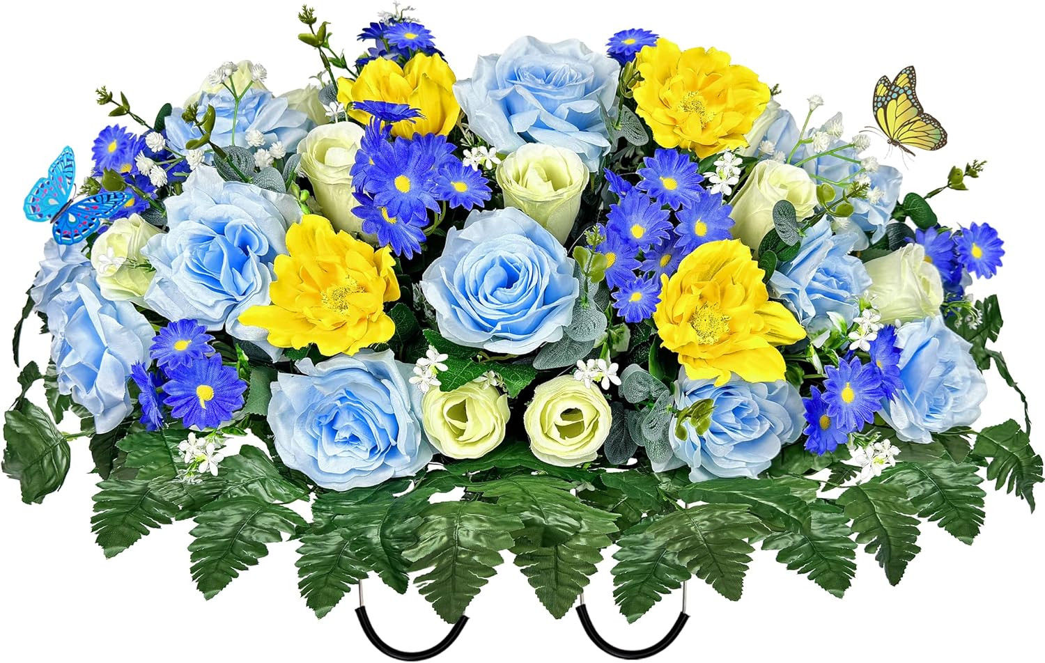 Silk Flower Saddle for Grave Decor – Blue & White Memorial Bouquet