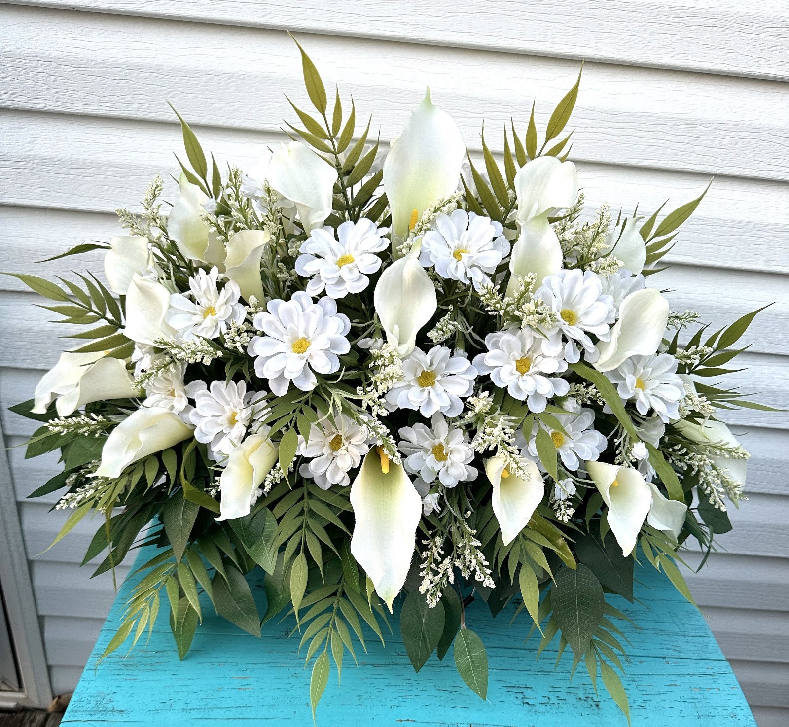Calla Lilies Cemetery Headstone Saddle, Funeral Gravesite Arrangement, Cosmos