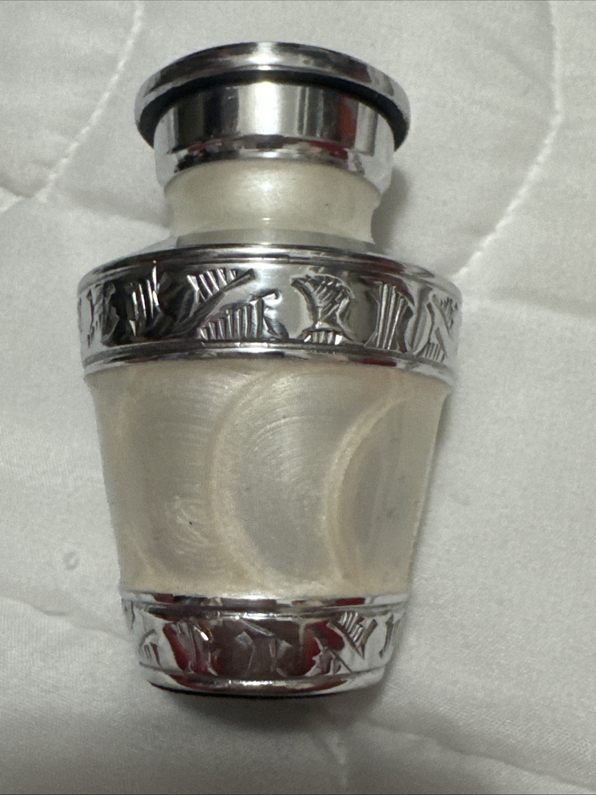 Silver and White Enamel Engraved Mini Keepsake Company Urn 3 inch NEW