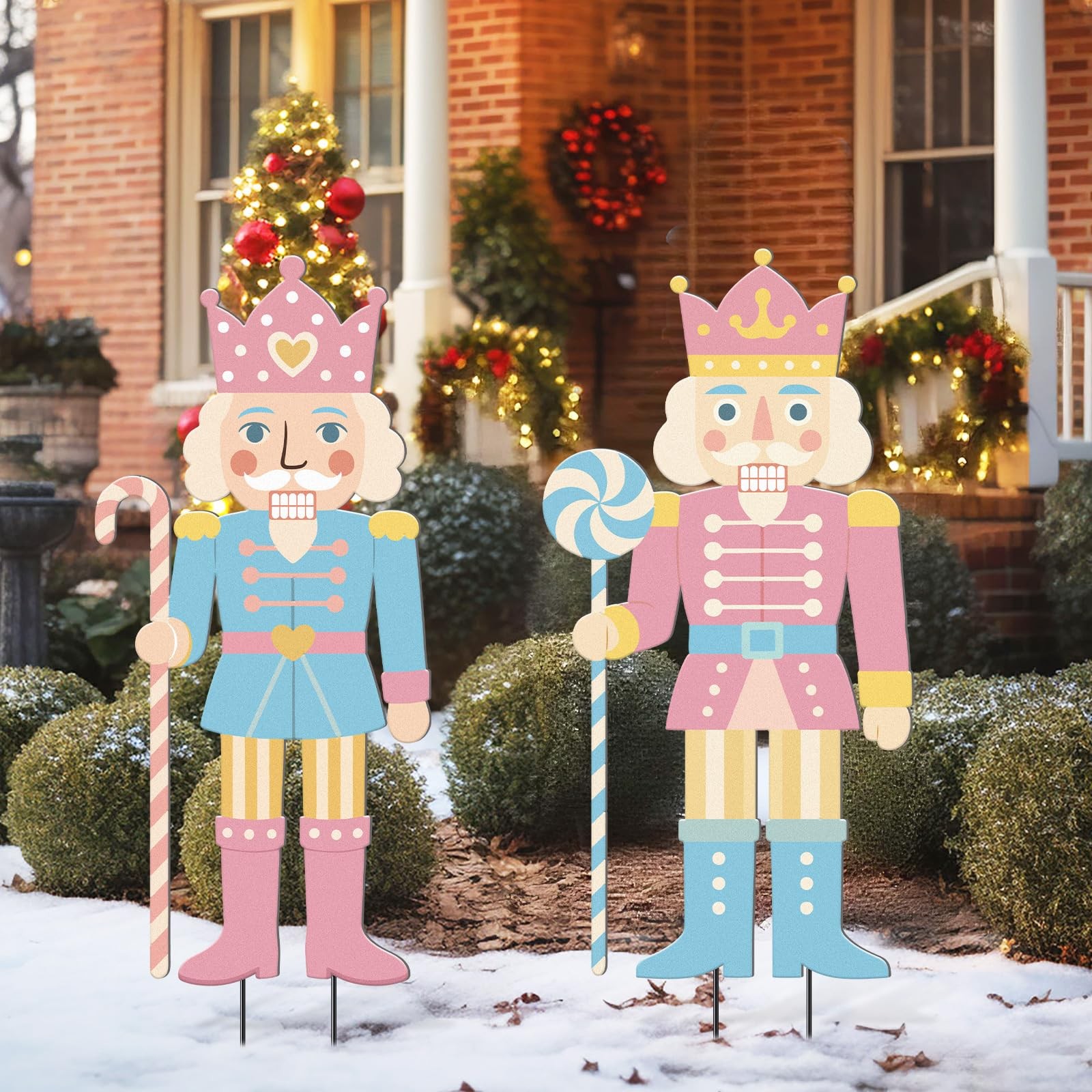 2 Pcs Pastel Christmas Nutcracker Yard Stake Candy Cane Metal 3D Outdoor Chri…