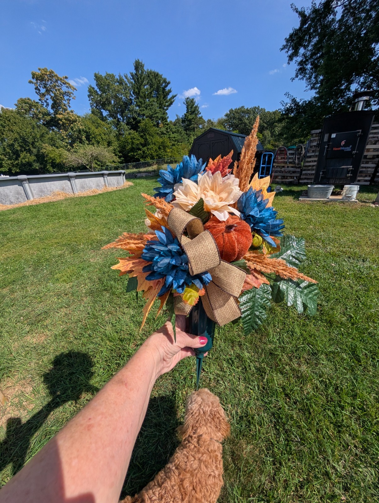 Fall Rust and Blue Cemetery Vase cone arrangement- Autumn florals