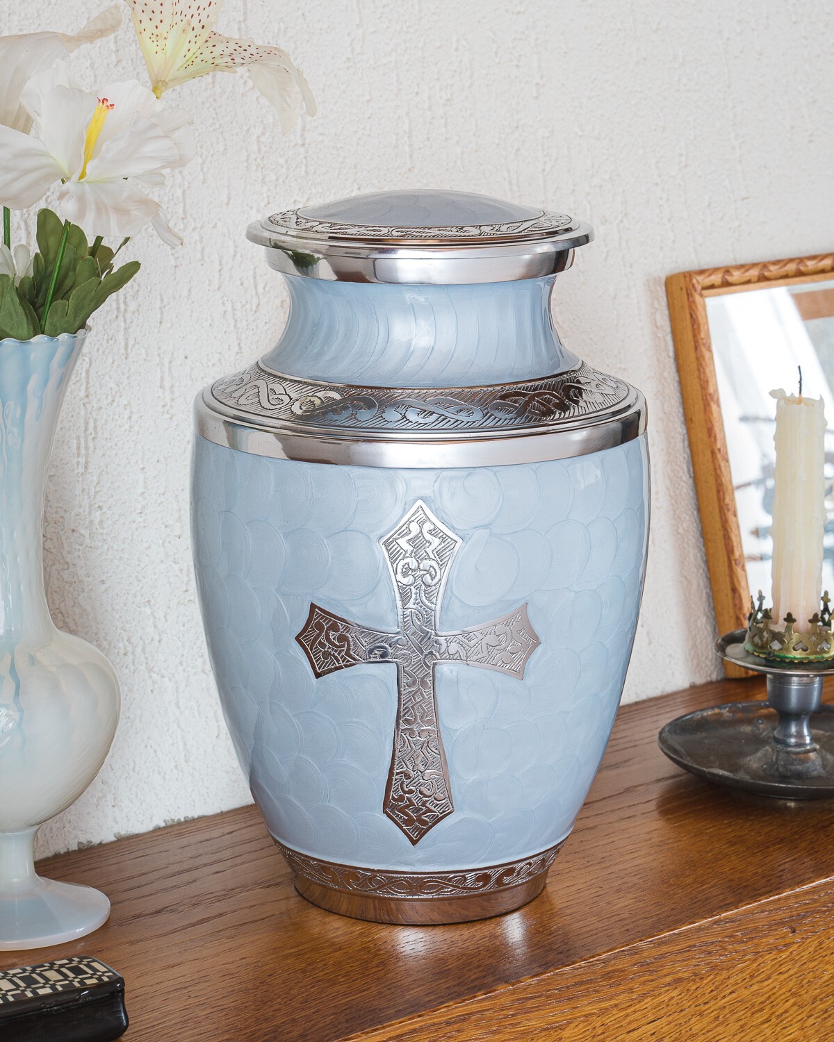 Blue Urn for Human Ashes Adult | Funeral Religious God Jesus Cross Cremation