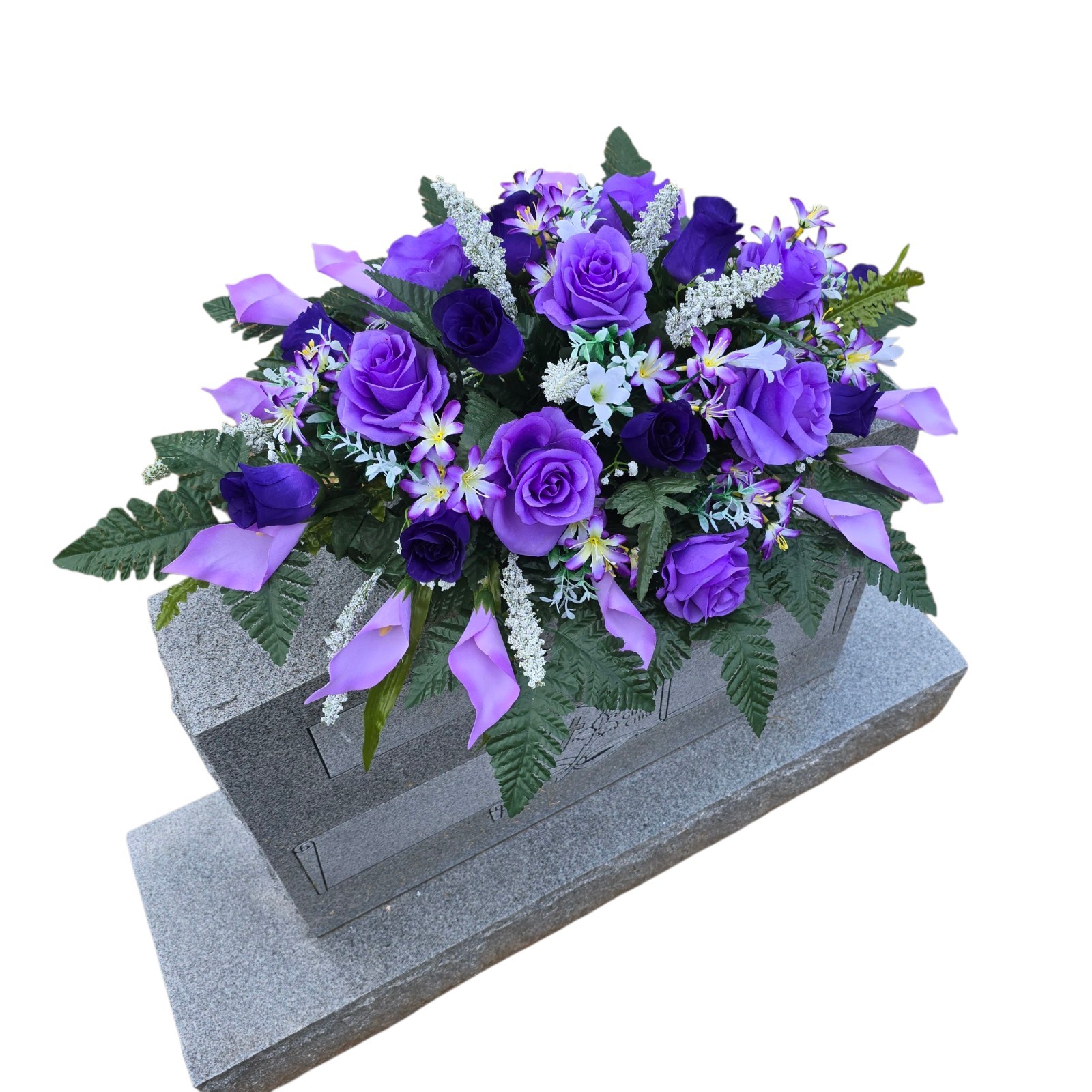 PURPLE HEADSTONE SADDLE WITH PURPLE ROSES & CALLA LILY’S FOR CEMETERY