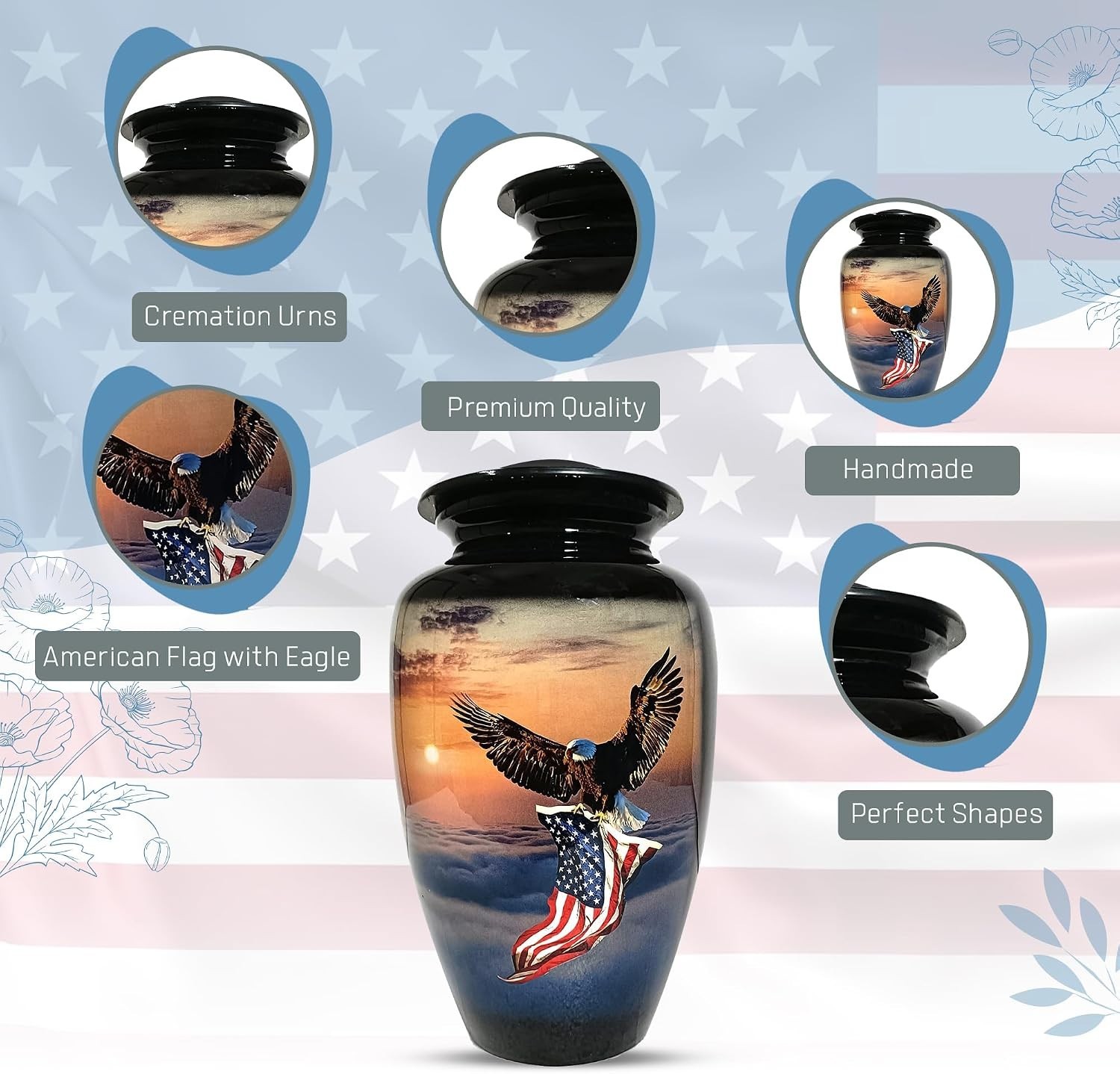 Elegant Large Metal Cremation Urn with American Flag Design – Holds 200 lbs