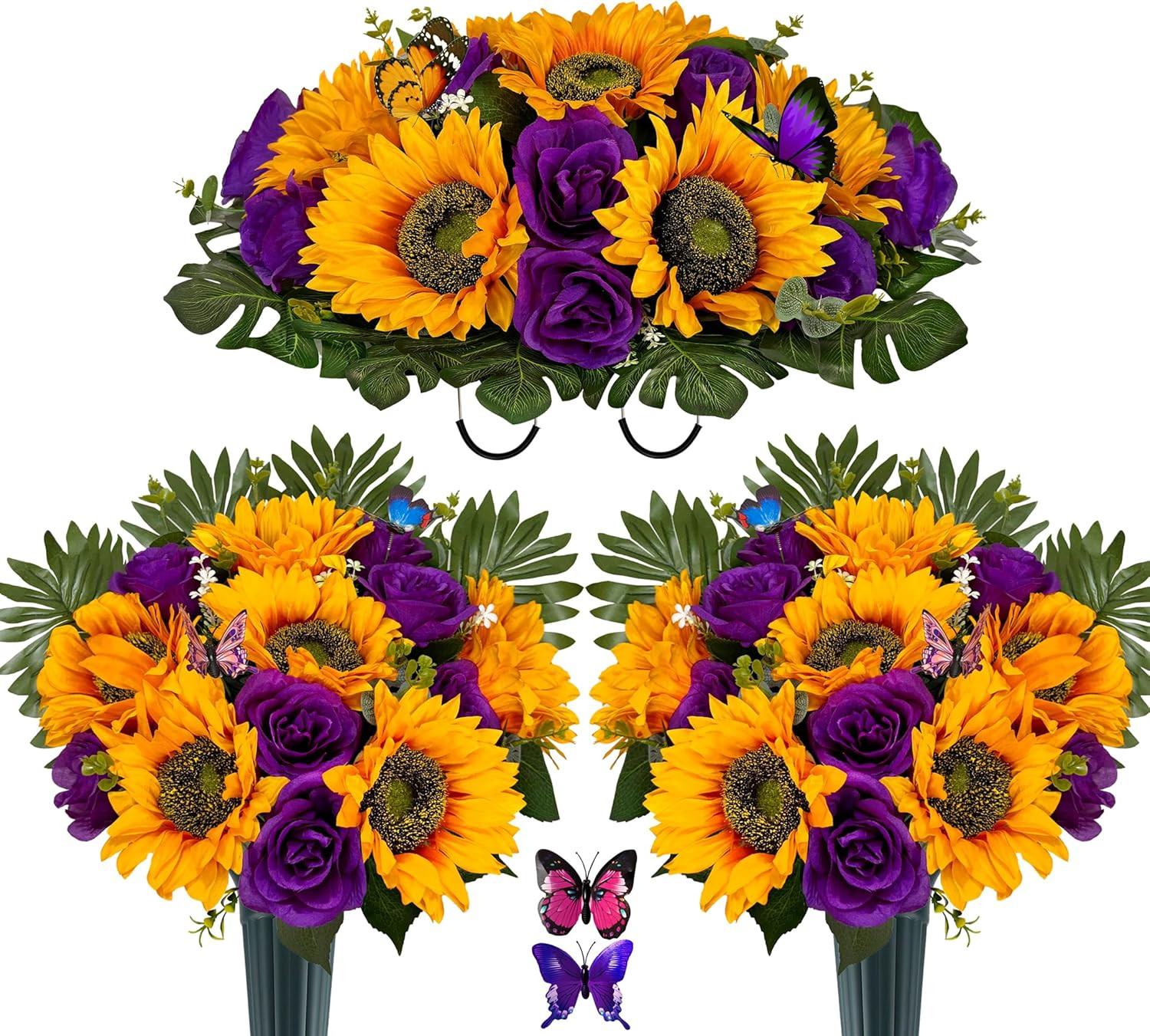 Vibrant Silk Sunflower & Rose Grave Saddle with 2 Bouquets – Purple/Yellow