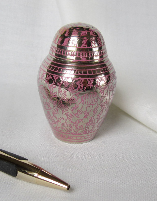 solid brass keepsake cremation urn with polished pewter finish & pink engraving