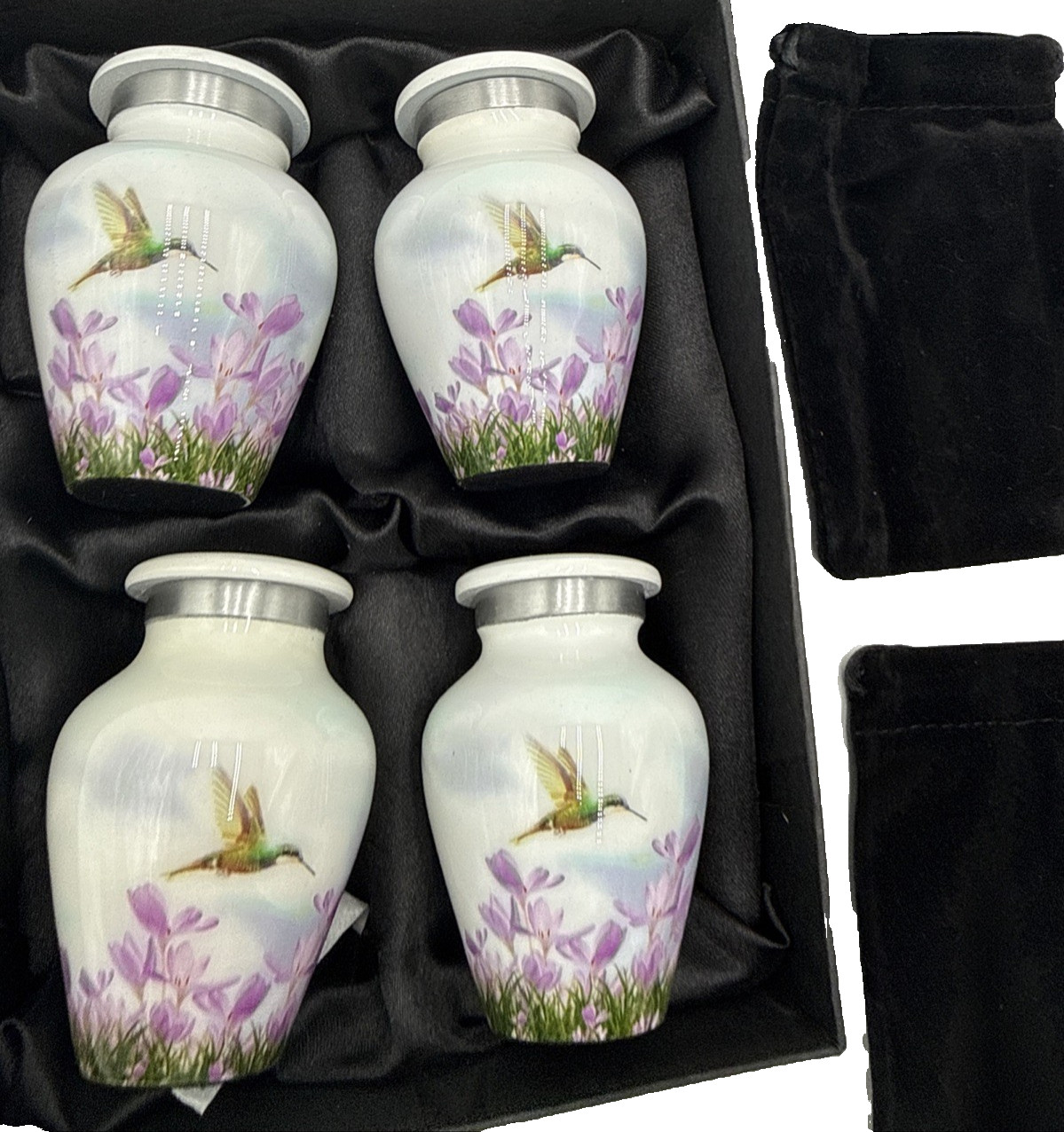 4 White Hummingbird Keepsake Urns Mini Memorial Ashes Human Pet Set