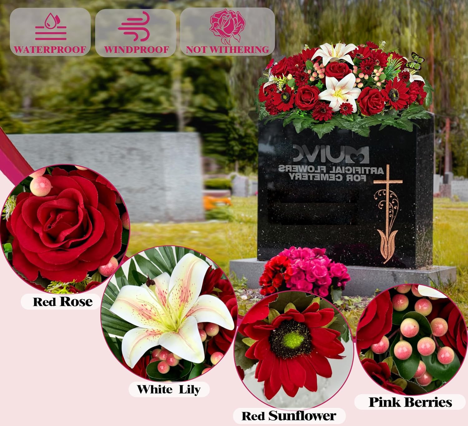 All-Weather Artificial Cemetery Flowers with Butterflies for Headstone Decor