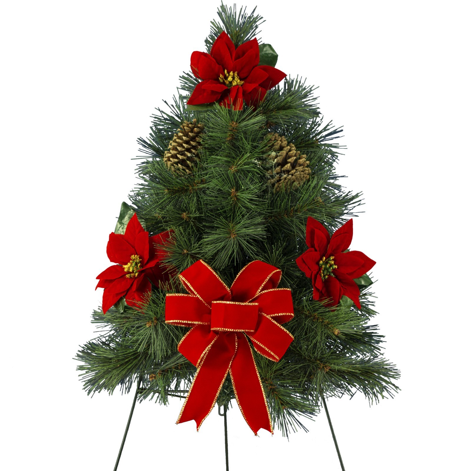 Artificial Christmas Tree with Poinsettias, Pine-Cones & Hand-Tied Bow on Easel