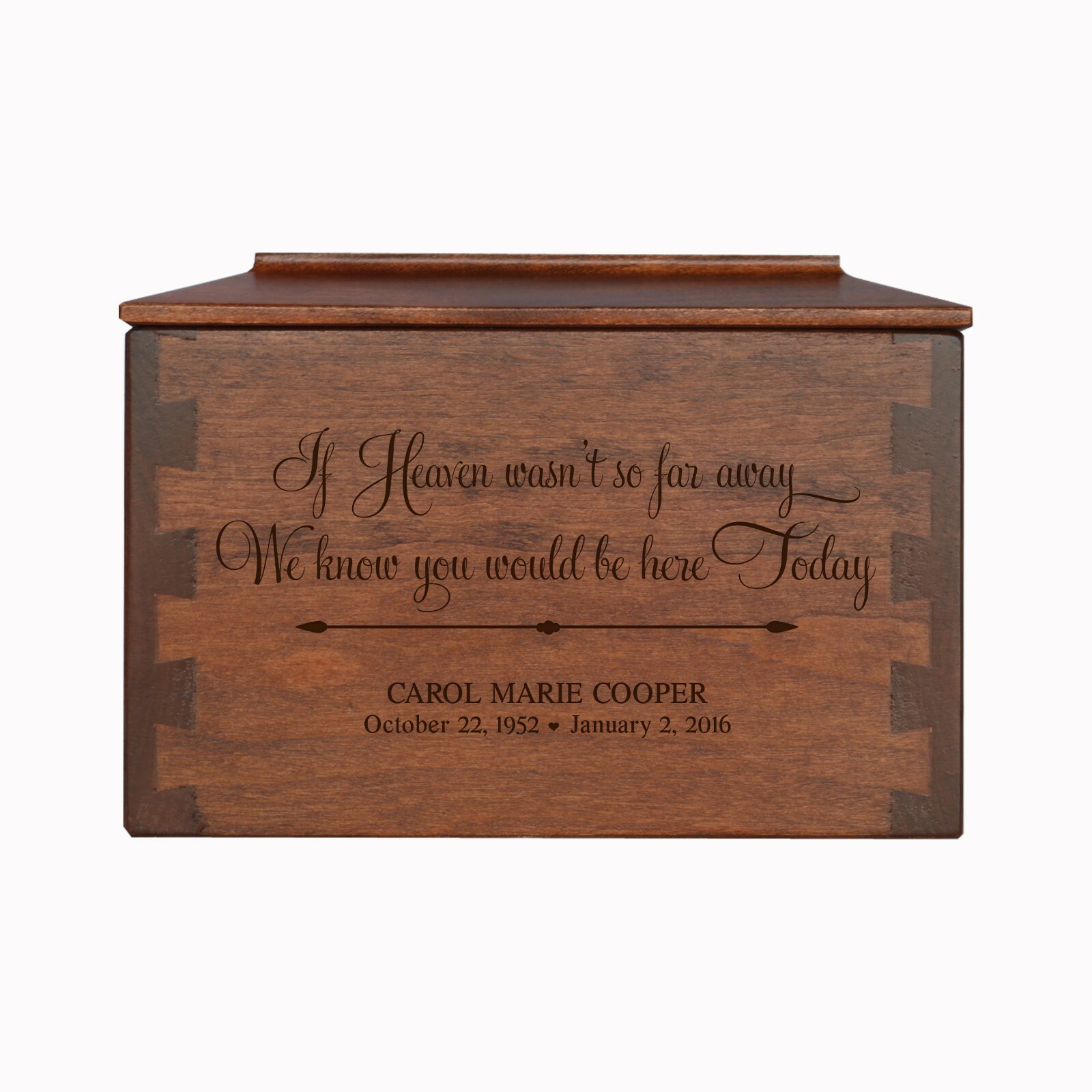 Custom Engraved Dovetail Cremation Urn Box for Human Ashes 7.75″ Be Here Today