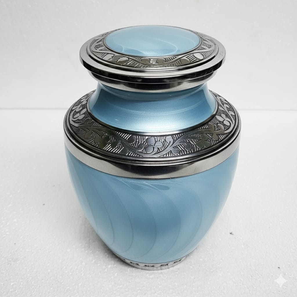 Small Engraved Sky Blue Cremation Urn Keepsake Small Urns with Velvet Bag 6 inch